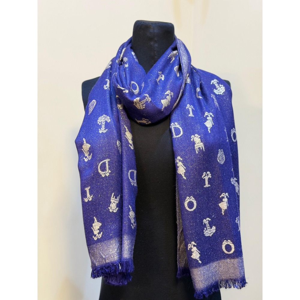 Dior Royal Blue Silver Metallic Silk Scarf Logo Made in Italy Shawl Wrap